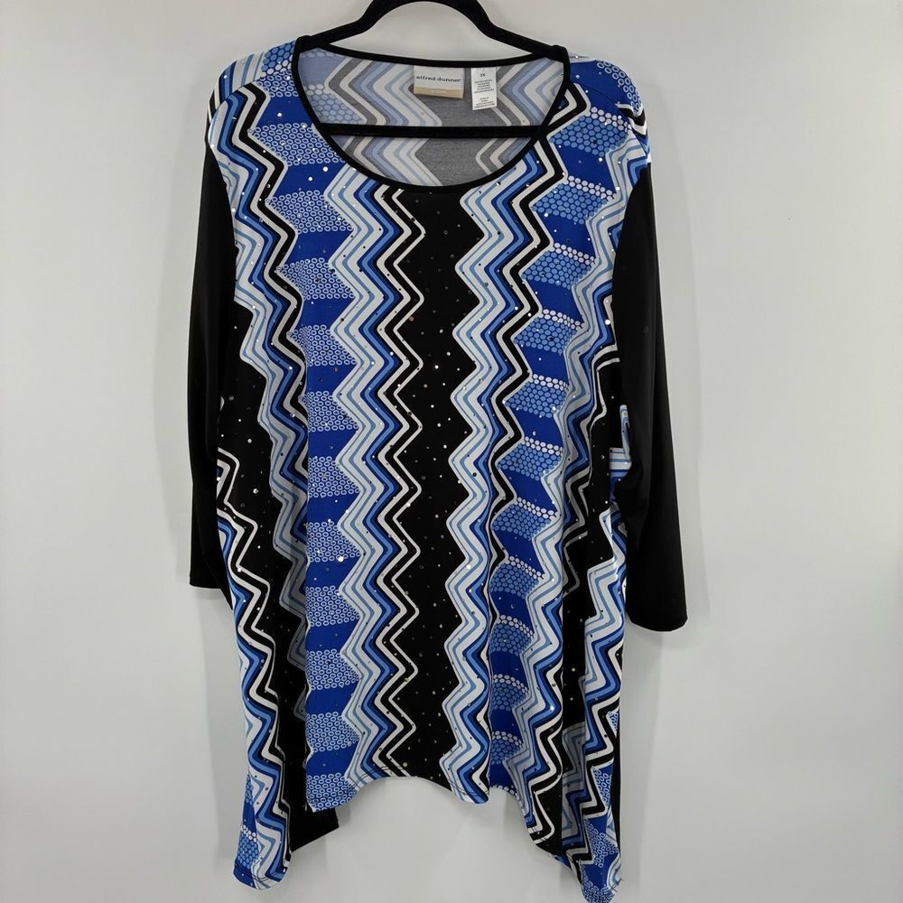 3For$20 Alfred Dunner Black and Blue Zigzag Long Sleeve Top size 3X